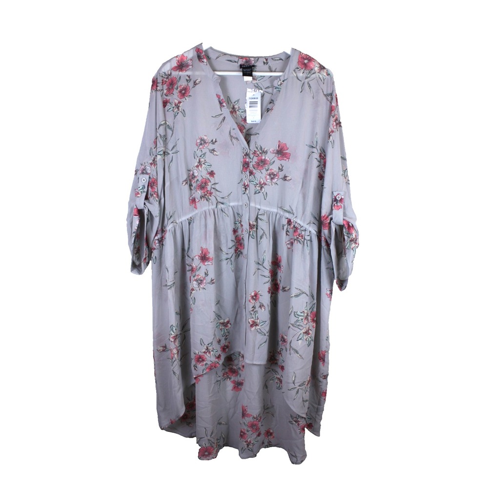 Torrid Tunic 3X Babydoll Chiffon Top Grey Floral High-Low Hem Pullover V-neck
